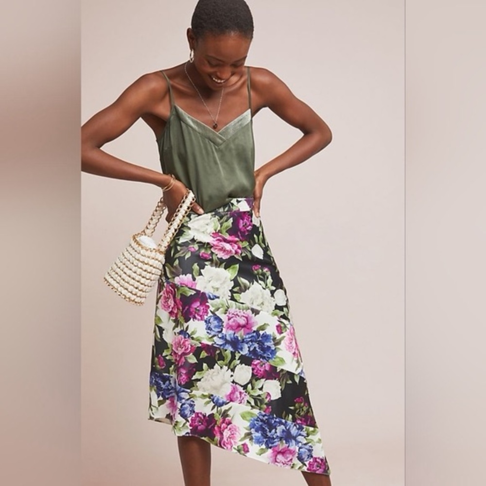 Anthropologie Hutch Meadow Midi Floral Asymmetrical Skirt Satin Size 4 790 - Picture 2 of 12